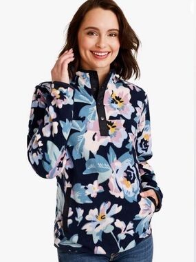 Vera Bradley Fleece Floral Pullover Sweater Snap Button Collar Size Small